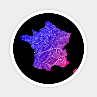 Colorful mandala art map of France with text in blue and violet Magnet